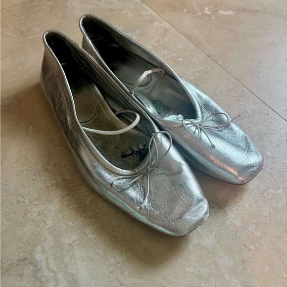 Zara - Metallic Silver Square-Toe Ballet Flats sz 39 - Picture 2 of 5